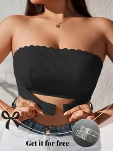 Plus-size strapless lace side-pull front-closure push-up seamless bra, wire-free skin-friendly, anti-slip anti-exposure romantic bandeau, ideal for off-shoulder/backless outfits, wedding season, dinners & daily wear, Underwear Everyday