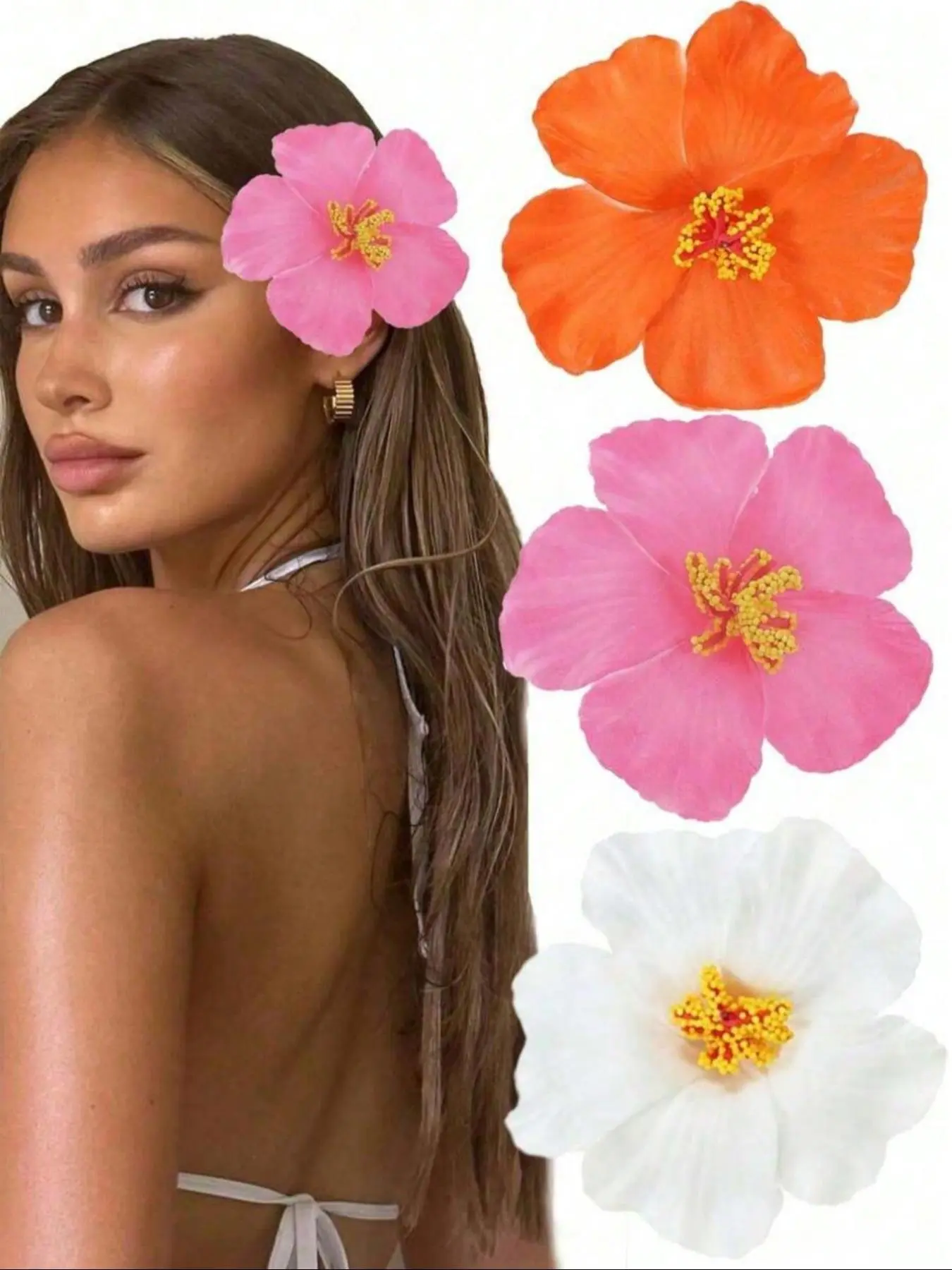 Artificial Hibiscus Flowers Set, Decorative Flowers, Flower Design Decorations, 3 Count Hawaiian Tropical Theme Party Decoration, Perfect for DIY Crafts, Hula Girl Gifts & Hair Accessories