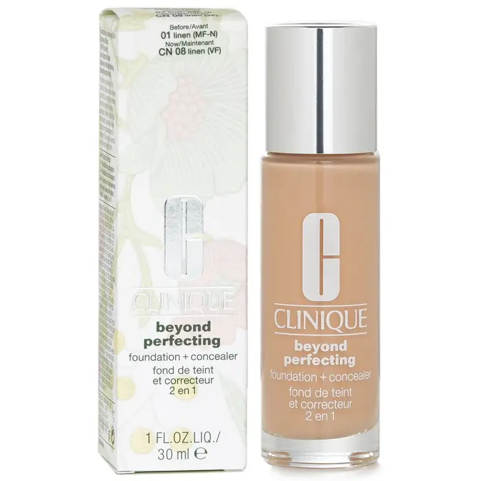 Clinique Beyond Perfecting Foundation & Concealer - #01 Linen (VF-N), 30ml/1oz, Full Coverage, Flawless Pigment, For Uneven Skin Tone Makeup, Blendable Concealer & Foundation, Colored Liquid Concealer & Foundation