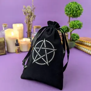 Pentacle Velvet Tarot Bag, Black Cloth Purse 8" 5" Embroidery Pentagram Velvet Pouch Tarot Card Holder(Bag) Tarot Pouch Organiser Silk Satin Case