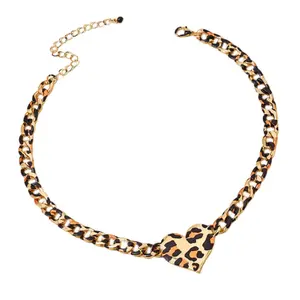 Retro Leopard Heart Pendant Necklace Adjustable Length for Women