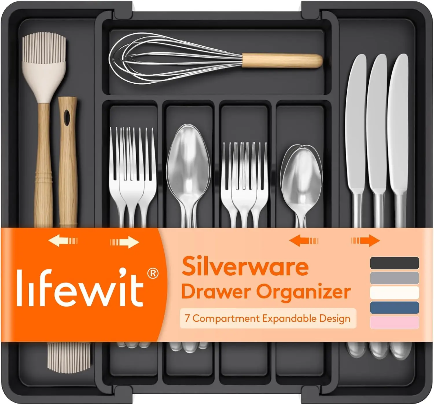 Expandable Silverware Organizer, Plastic Utensil Tray for Kitchen Drawer, BPA Free Flatware Cutlery Holder, Space-Saving Storage for Spoons Forks Knives, 8-13.8 X 11.2 X 1.4 Inch, Black Lifewit
