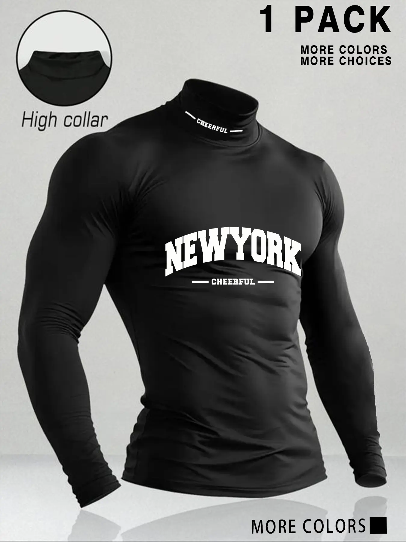 Men's High - Collar Compression Shirt, "NEW YORK" Graphic Print, Long - Sleeve, Slim Fit, Breathable Fabric, Ideal for Workout & Casual Wear, 1 - Pack with Multiple Color Options