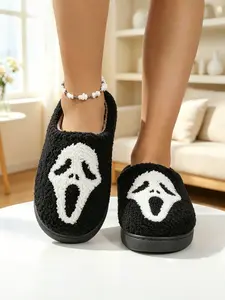 Ghost Face Embroidered Plush Padded Slipper, Soft Cushioned Slippers, Non-Slip Soft Sole Home Slipper, Comfortable Lazy Person's Fuzzy Slipper, Cozy Indoor Footwear