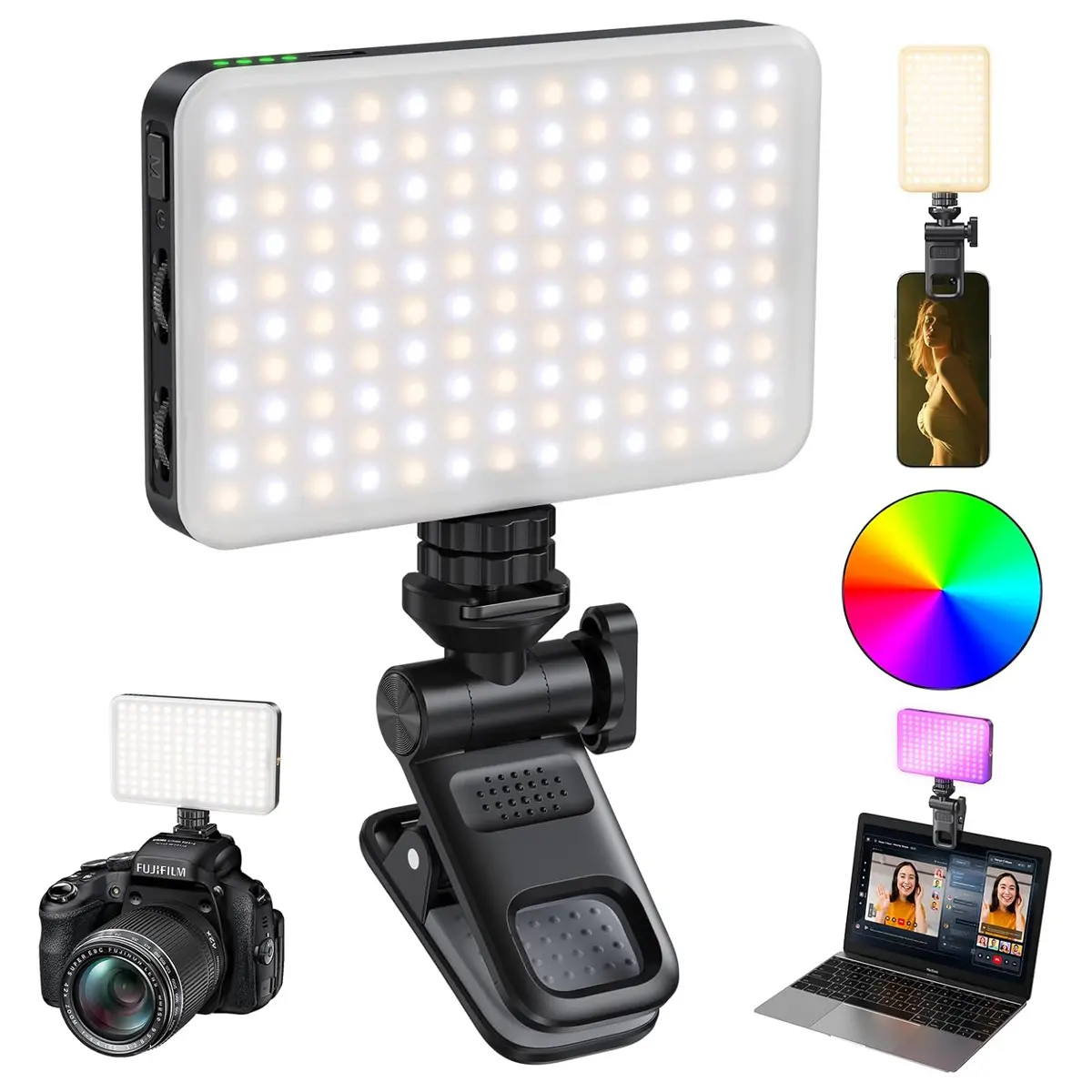 RGB Color Changing Rechargeable LED Selfie Light with Front and Rear Clip, Adjustable Color Temperature, 10 Lighting Modes for iPhone/iPad Cameras, TikTok Vlogs, Live Streaming - Streaming Equipment, Plastic