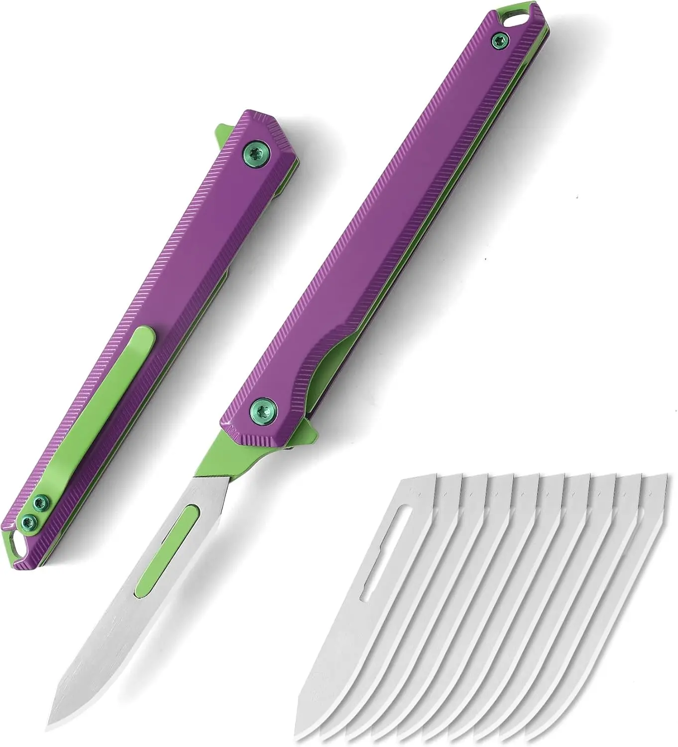 COOL PARD EDC Stainless Steel Folding Scalpel Knife - Mini Slim Pocket EDC Utility Knife with 10 #60 Replaceable Blades, Liner Lock, Pocket Clip, Cool Gifts for Men & Women (Purple & Green), Stainless Steel Knives