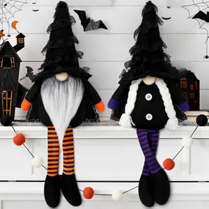 Halloween Plush Gnomes Decoration, 2 Pack Halloween Dangle Leg Gnomes Doll Elf Dwarf - Black Witch Cloak Hat Stuffed gnomesfor Halloween Home Decor Table Decorations Gifts Household Ornaments