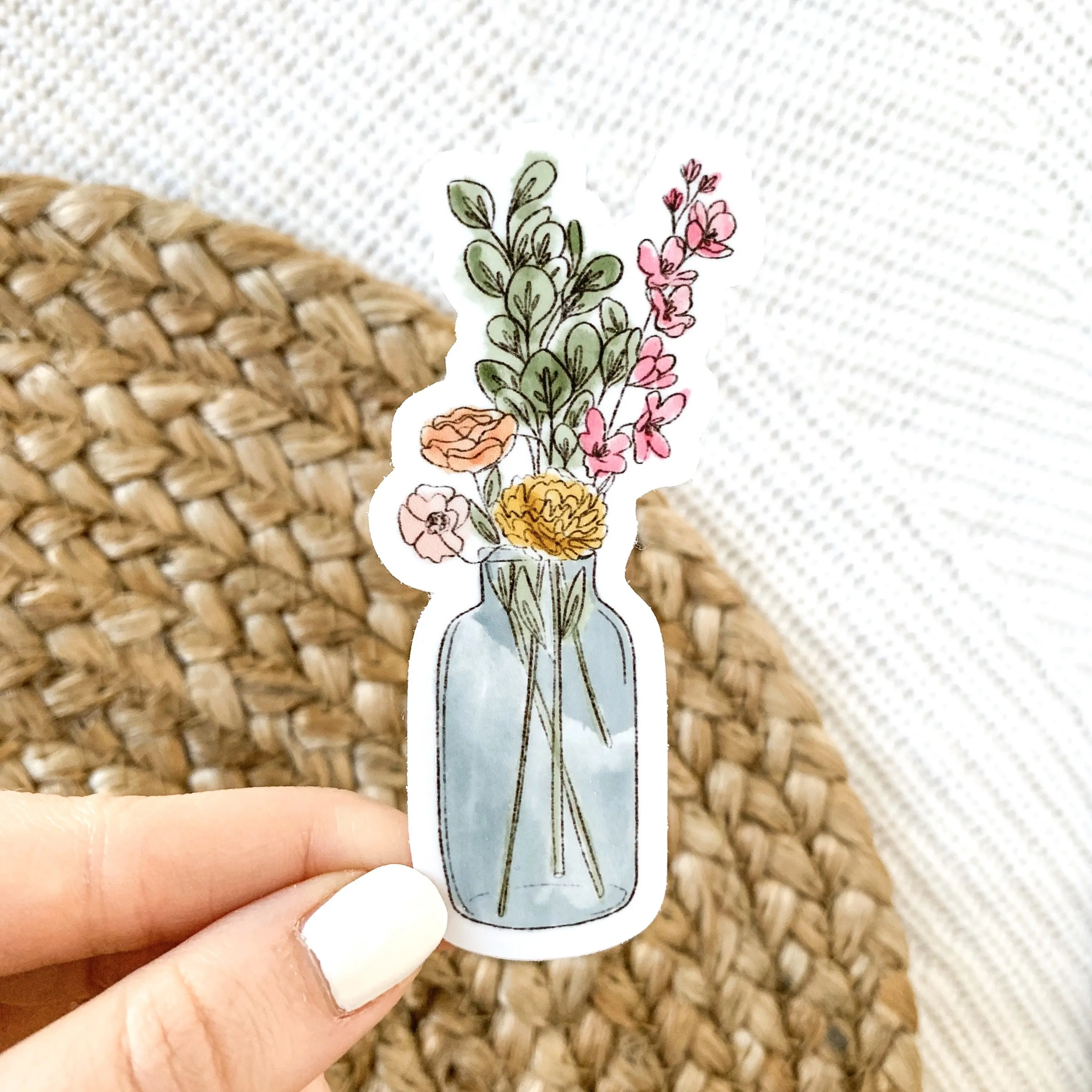 Watercolor Vase Bouquet Waterproof Vinyl Sticker, 3.5x1.75"