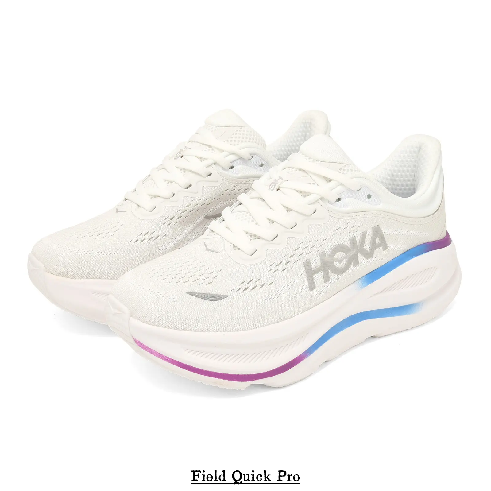 White Runners with Lavender & Sky Blue Accents — Synthetic Mesh Upper, Contoured Thick EVA Midsole, Light Gray Rubber Outsole, Heel Pull Loop