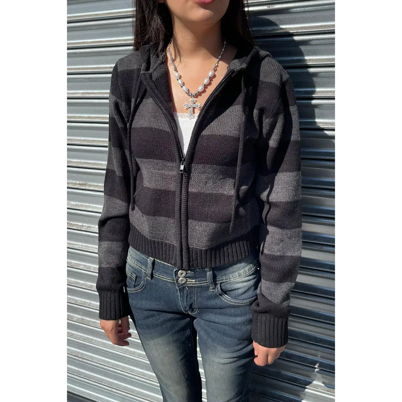 Y2K Grunge Stripe Zip-Front Hoodie Sweater Jacket