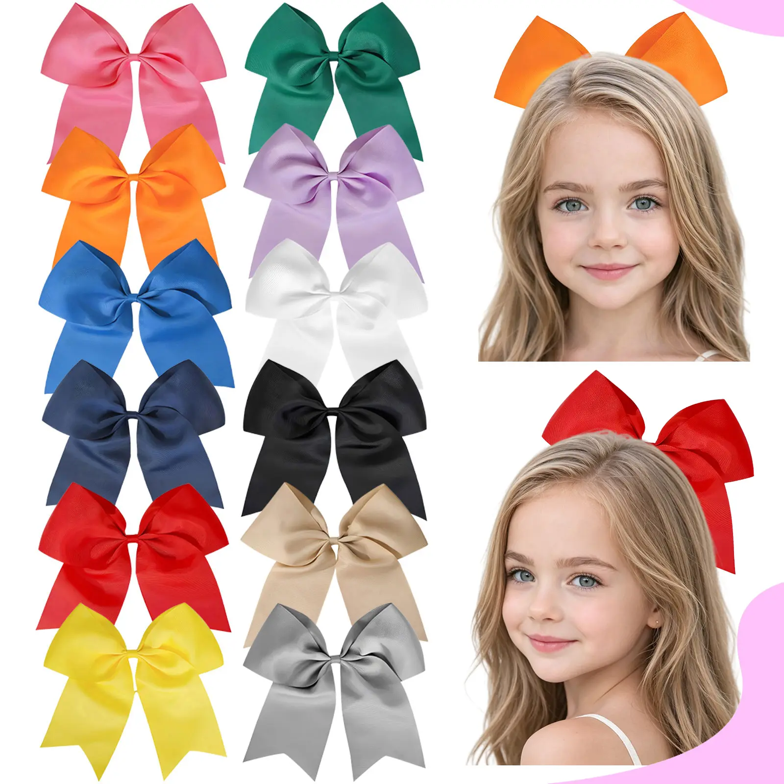 JoyBowie 12pcs 12-Color 8-Inch Extra Large Soft Silk Handmade Cheerleader Hair Bows - Children's Hair Accessories Sets, Ponytail Ties for Girls' Everyday Use#Summervibes