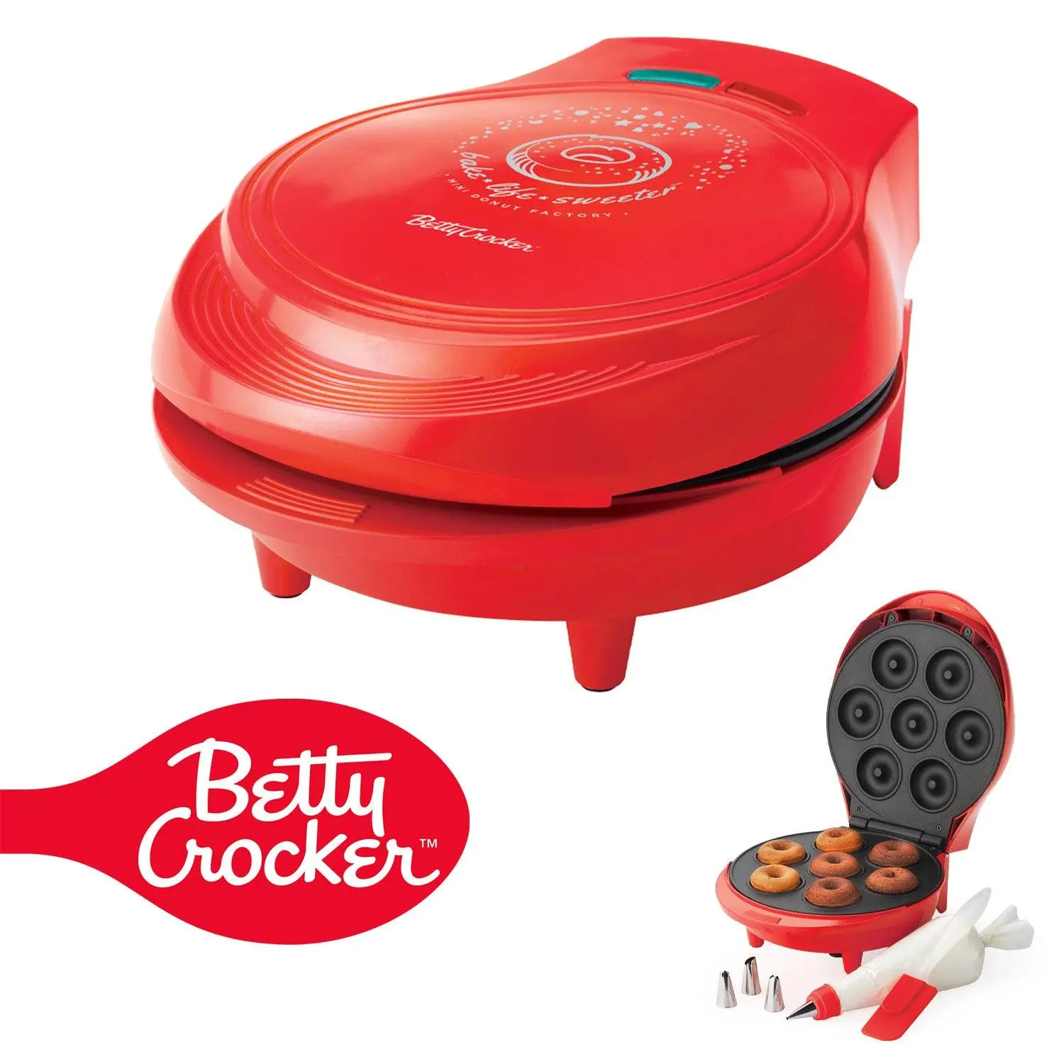 BETTY CROCKER Donut Maker, Mini Donut Maker with Nonstick Surface, Mini Donut Maker Machine with Cool Touch Handle & Makes 7 Delicious Fresh Donuts in Minutes, Red