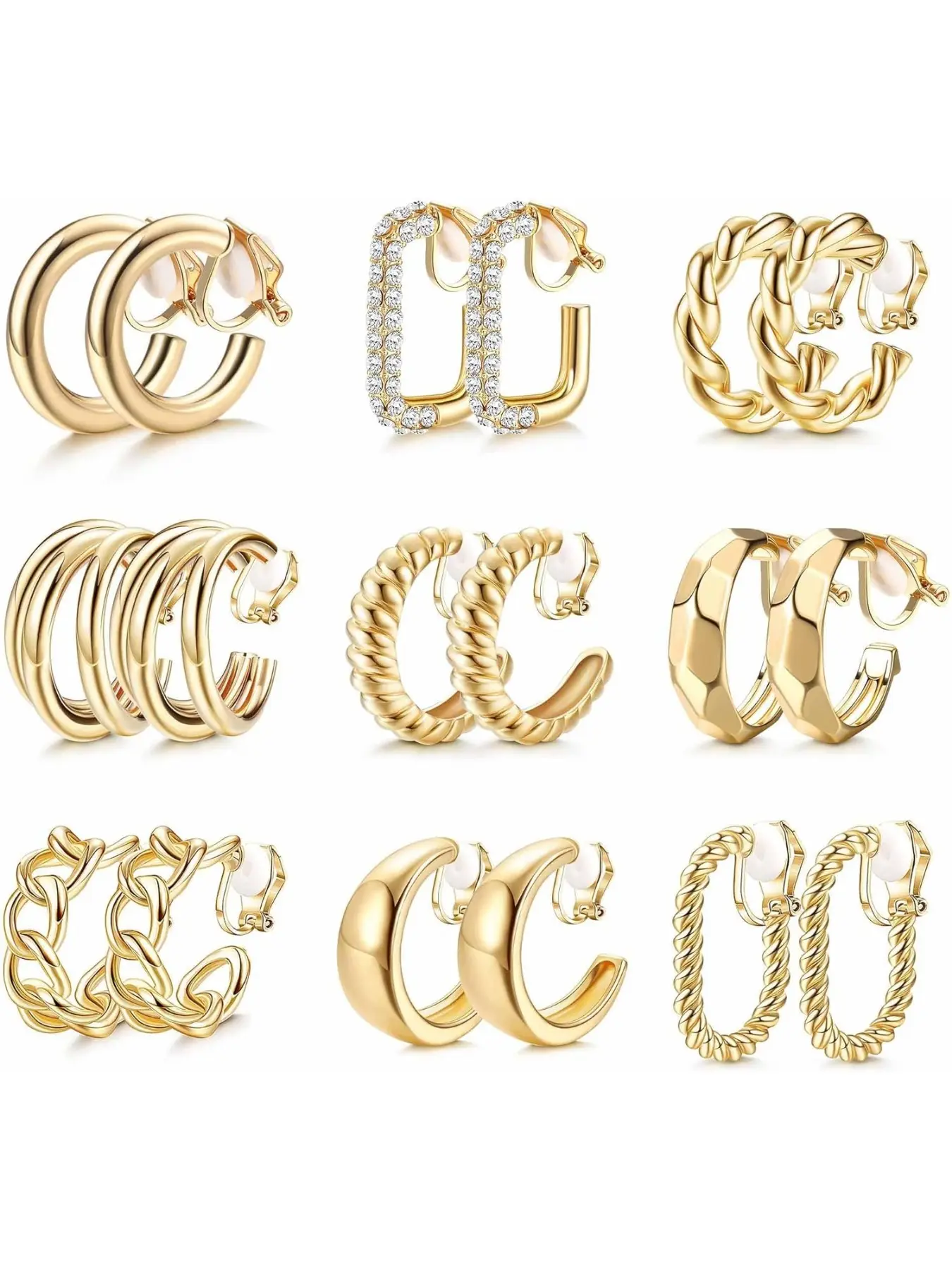 9 Pairs Clip on Earrings for Women, 14k Plated Chunky Hoop Clips, Trendy Fashionable Earrings Non-Pierced Fake Jewelry, Non Piercing Earrings, Casual All Seasons Ear Accessories