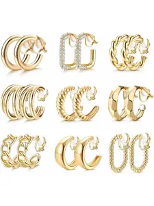 9 Pairs Clip on Earrings for Women 14K Gold Plated Chunky Hoop Clips Earring Trendy Clip on Hoop Earrings for Women Non-Pierced Fake Jewelry Earrings Set