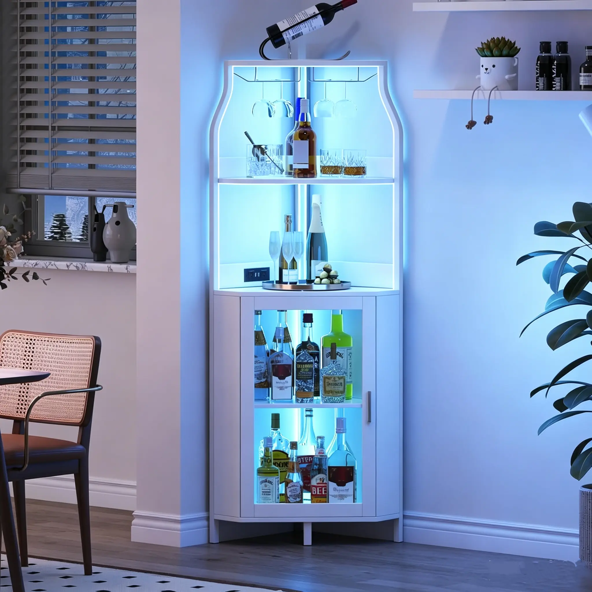 Corner Wine Rack with Glass Holder and Storage Shelves, 4 Tier Corner Bar Corner Wine Cabinet, Industrial Corner Wine Shelf for Living Room, Small Space,dorm essentials,home decor