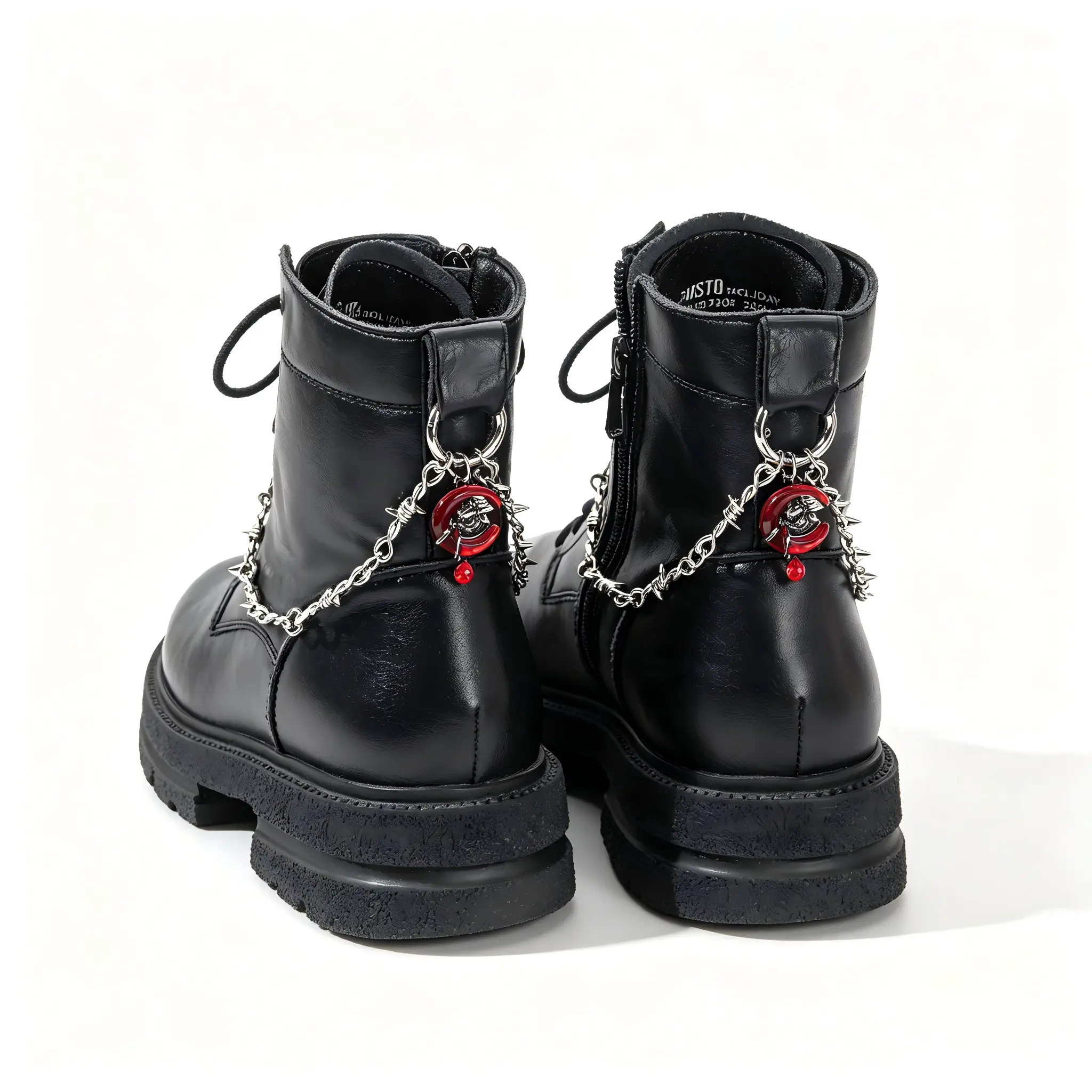 Gothic Removable Rhinestone Metal Footwear Charms (2 Pcs) - Red Crescent Moon, Skull, Barbed Wire Chain Strap, Dark Alternative Aesthetic Boot Decoration for Platform Martin Boots, Alt Girls Cosplay