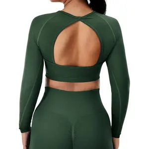 Women Workout Long Sleeve Crop Top Seamless Workout Gym Shirts Open Back Tee Yoga Tops