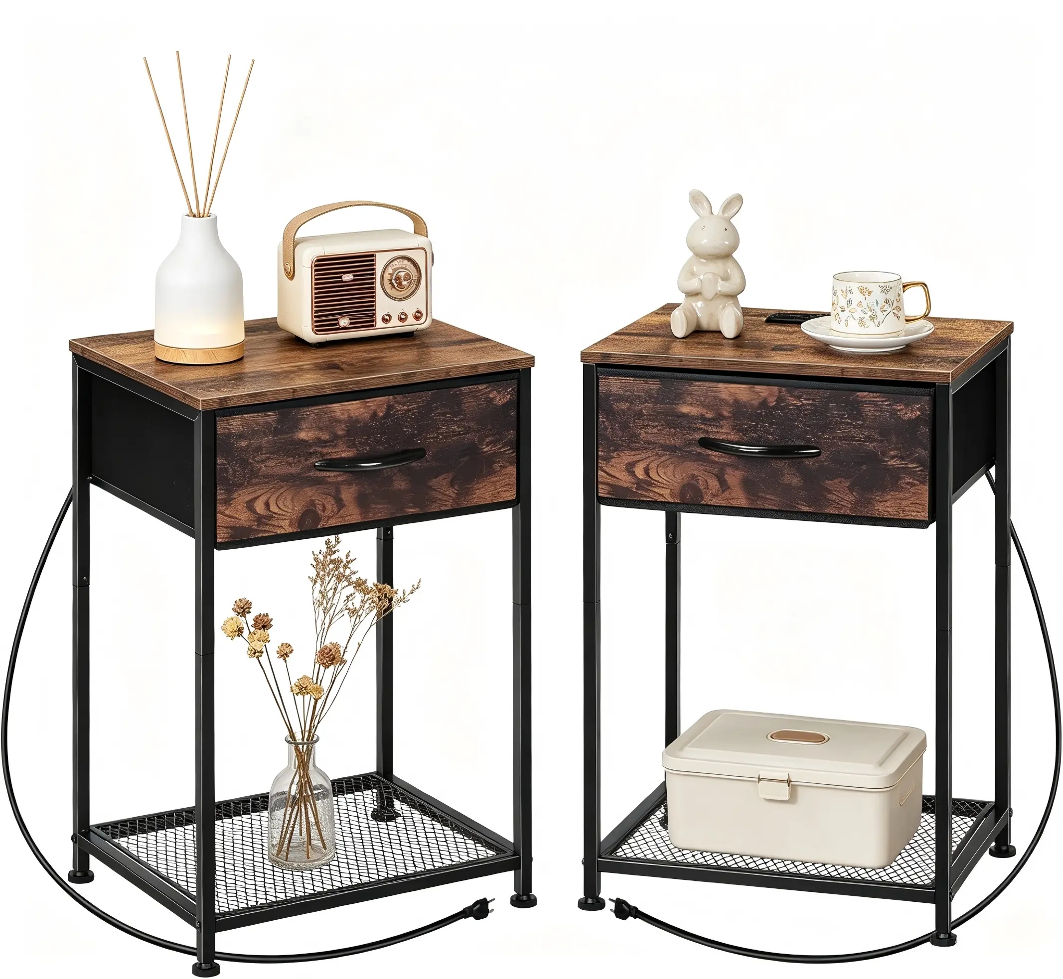 Farmhouse 2-Piece Nightstands with Charging Station - Industrial Rustic Brown Bedroom End Tables, Space Saving Tables with Fabric Drawers, Living Room Decor Furniture for Bedroom, Living Room, Bedroom End Table
