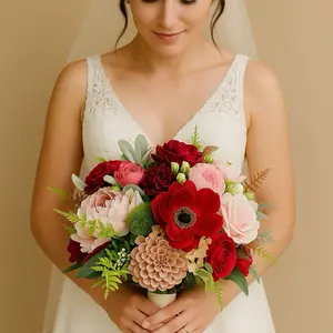Romantic Red & Blush Artificial Bridal Bouquet – Handmade & Realistic