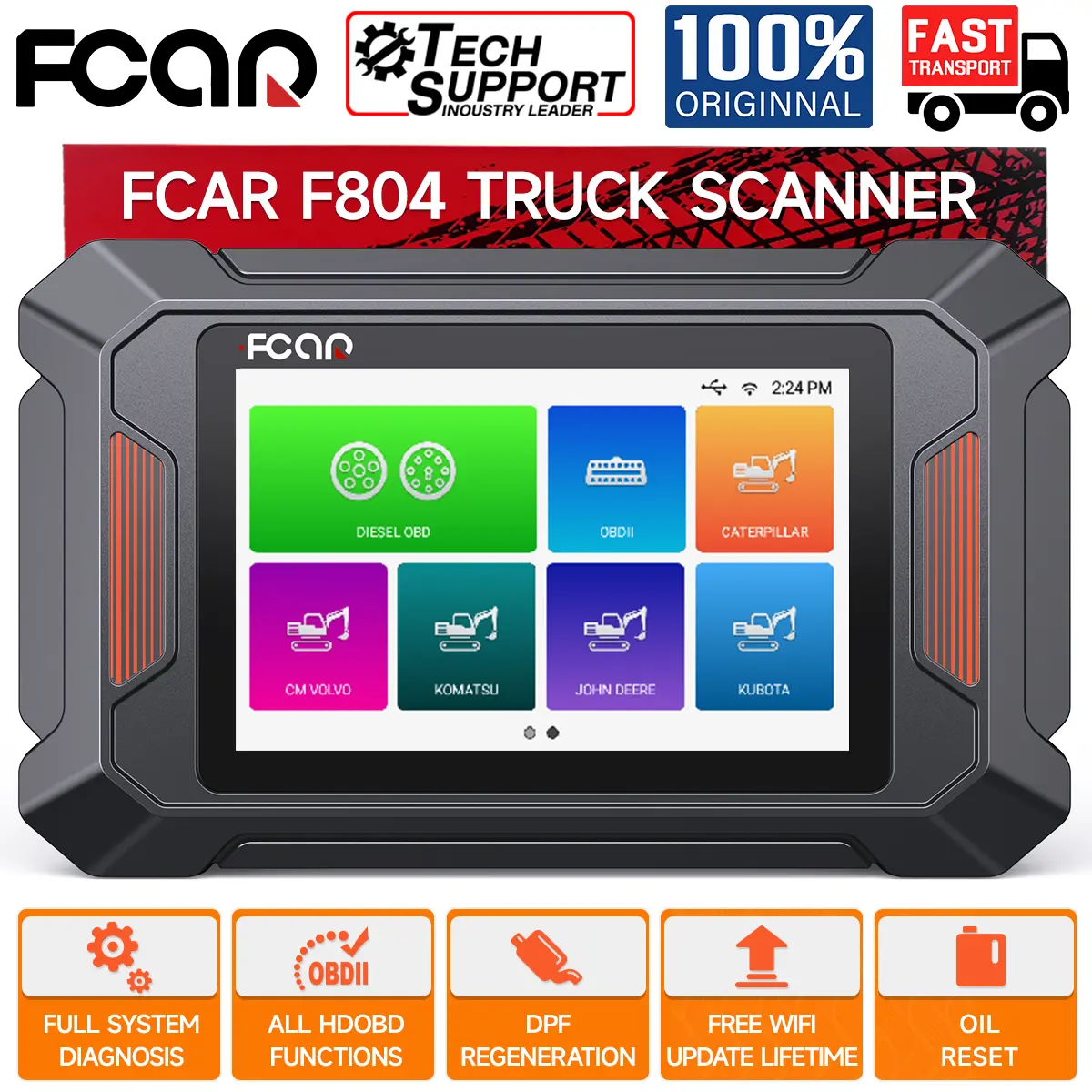 FCAR F804 Heavy-Duty Truck & Construction Machinery OBD II Code Reader - DPF Regen Tool, Full-System Scanner for Caterpillar, Volvo, John Deere, Kubota, Komatsu