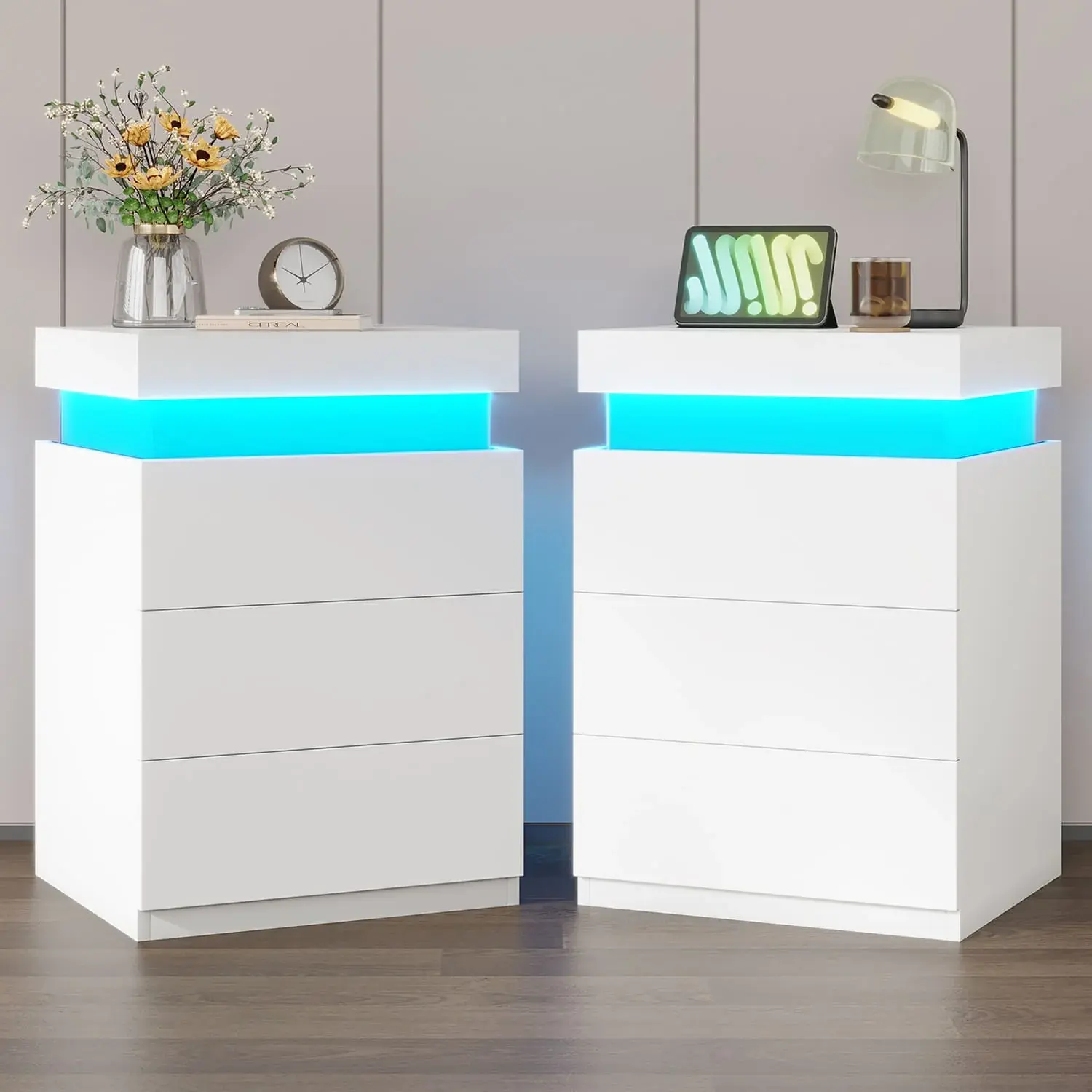 SIKAIC Set of 2 White LED Nightstands with Charging Station, 3 Drawer Bedside Tables with Storage for Modern Bedroom