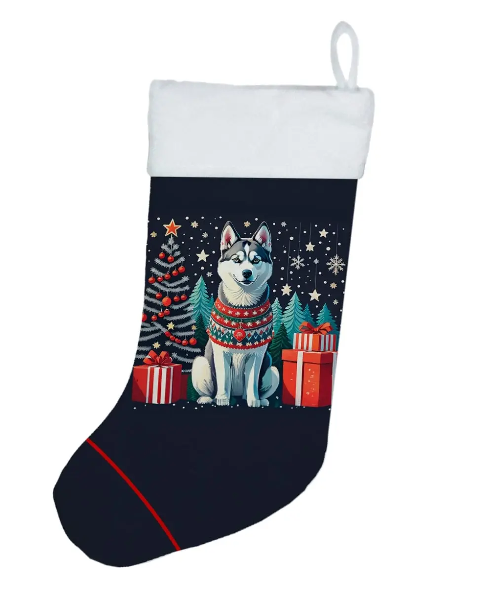 Unisex Siberian Husky Print Polyester Christmas Stocking, 18x13.5in, Festive Gift for Room Decor