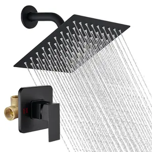 8 Inch Matte Black Square High Pressure Rainfall Shower Head Set, Wall Mount Bathroom Shower System with Single Handle Trim Kit, Ideal for Home Bathroom, Apartment & RV Remodel