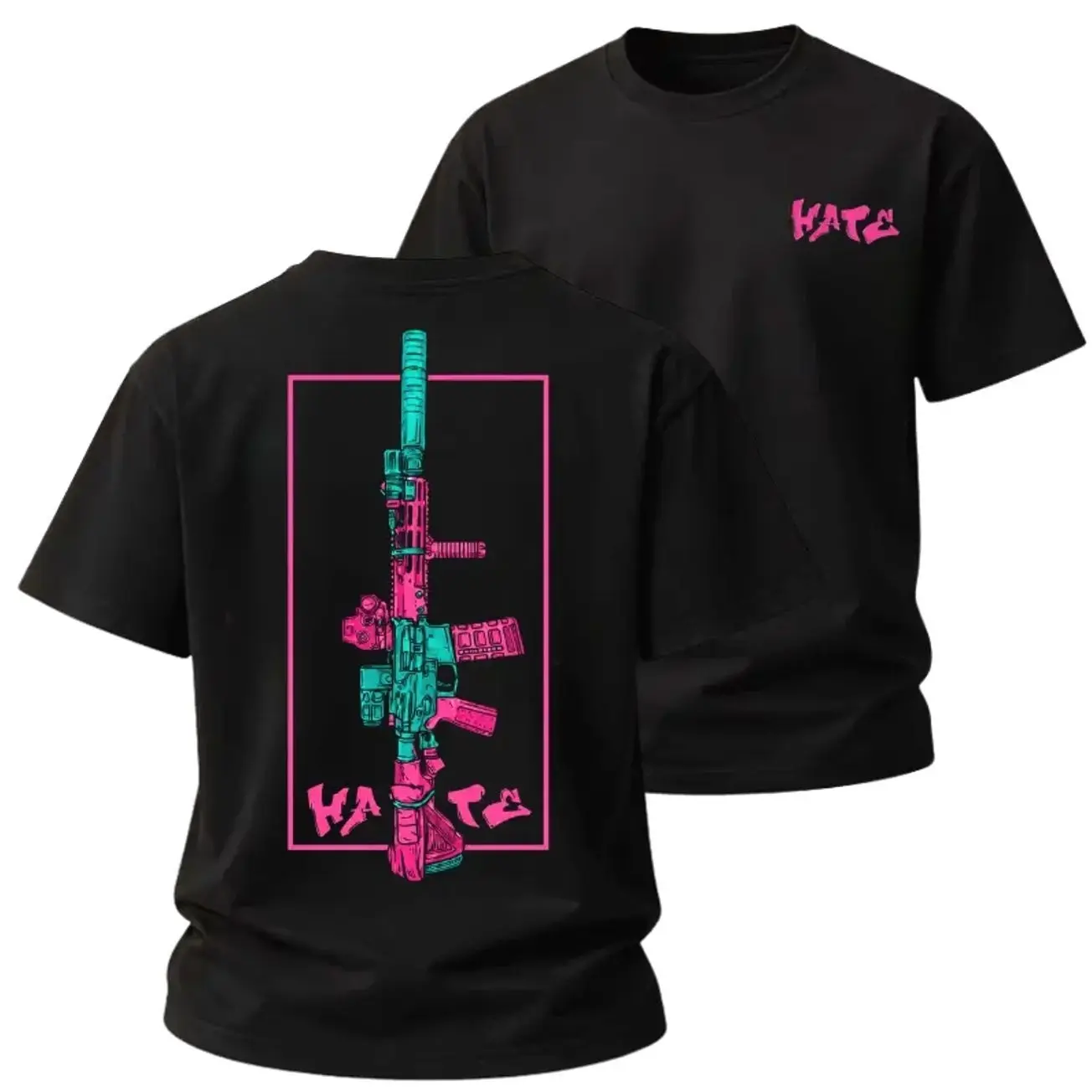 HATE Neon Rifle Tactical T-Shirt, Pink Teal Gun Graphic Tee, 2-Sided Modern Range Streetwear Shirt for Firearm Fans, Tactical Gear Lovers, Shooters, Veterans and Edgy Urban Style Men 5JF