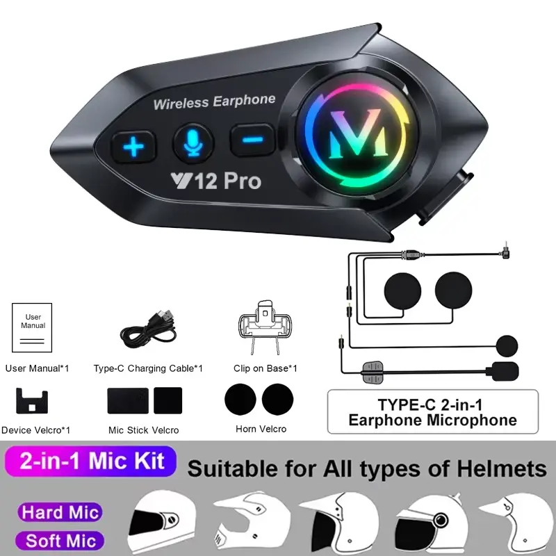 1/2X Music Interphone Bluetooth 5.3 Motorcycle Helmet Intercom Headset Waterproof 300M Intercomunicador Speaker Earphone velev