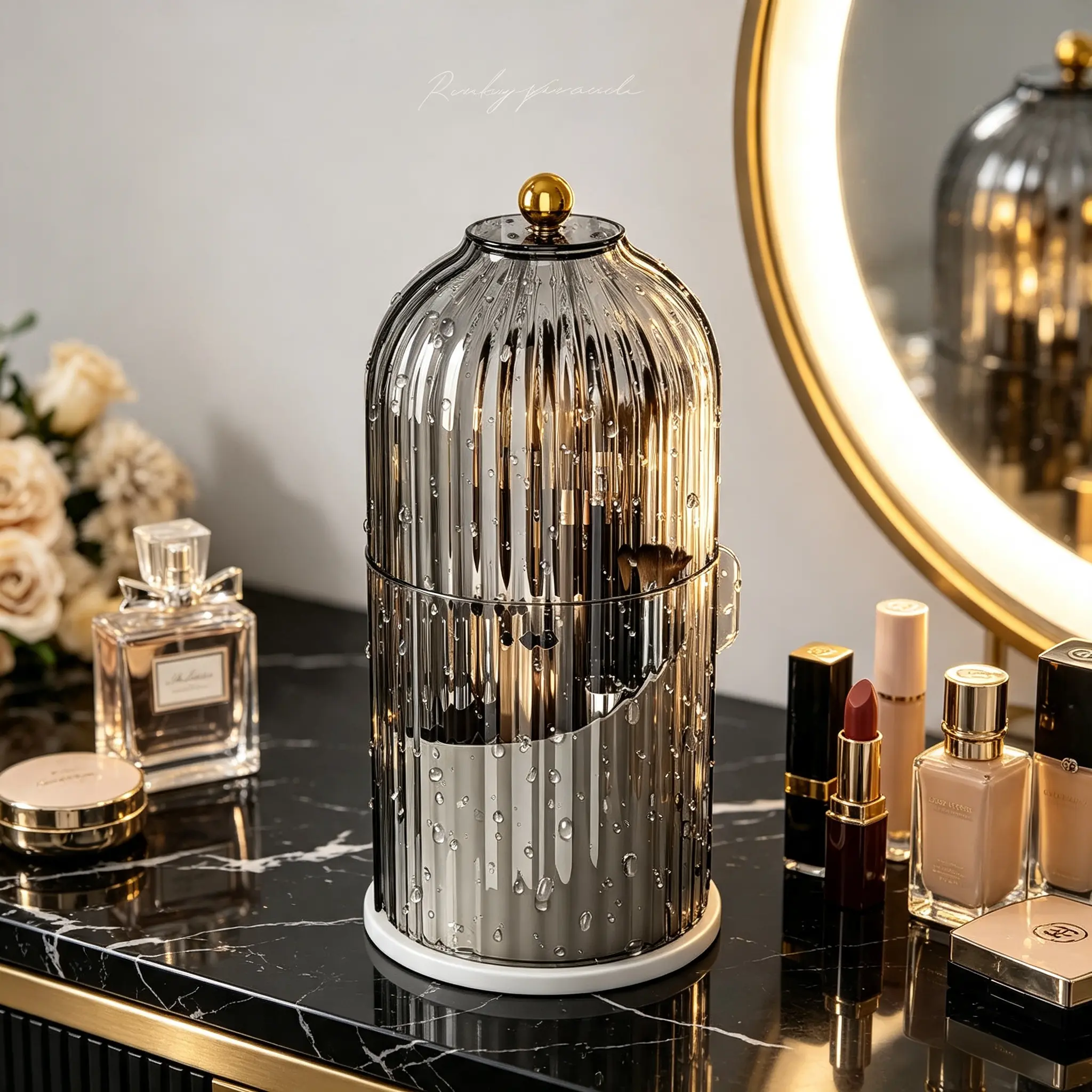 slot Transparent door Acrylic 360-degree rotation  Makeup Brush Holder with Cover, Dust & Water Resistant Cosmetic Storage Organizer, Ideal Container for Vanity Table and Bathroom toothpaste Toothbrush protector Storage office desk supply