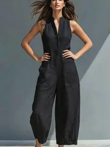 2026 Casual Women's Simple Fashion Belted Solid Color Stand Collar Button Sleeveless Loose Bodysuit, Comfortable and Stylish Everyday Wear