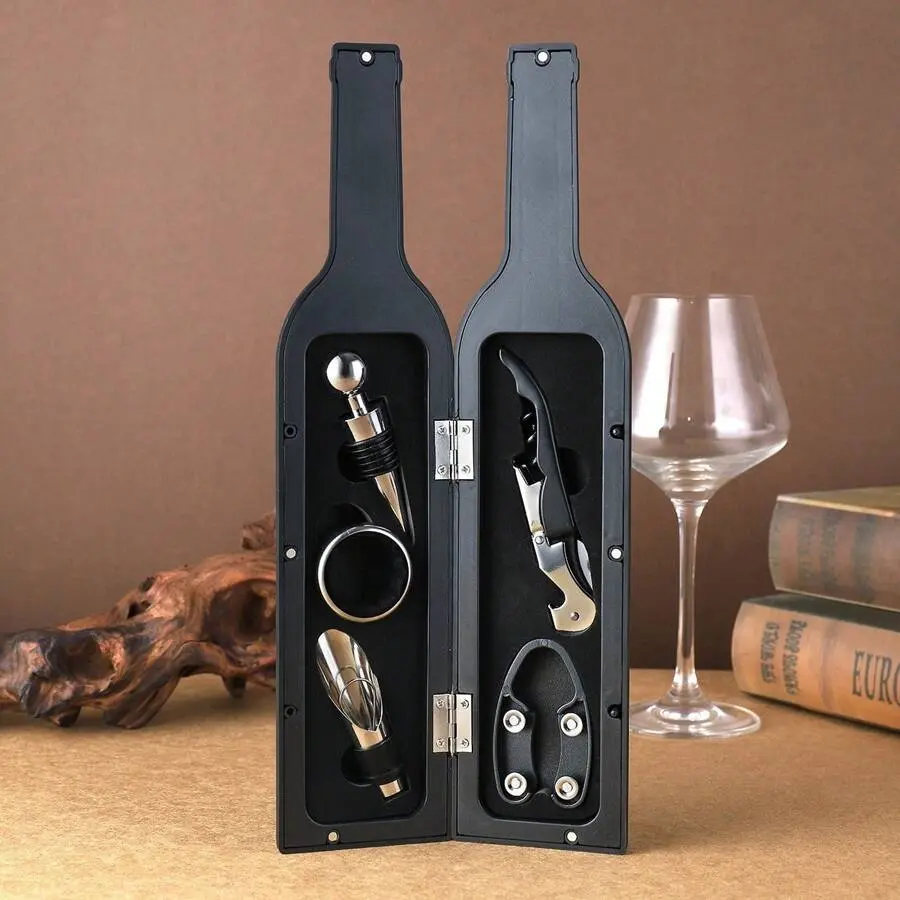 Stainless Steel 3/5-Piece Wine Toolkit Set - Corkscrew Lever Opener, Silicone Drip-Free Spout Pourer, Vacuum-Seal Stopper, Elegant Bar Utensils in Gift Box for Birthday, Anniversary, Valentine's Day Gifts | USA Fast Ship