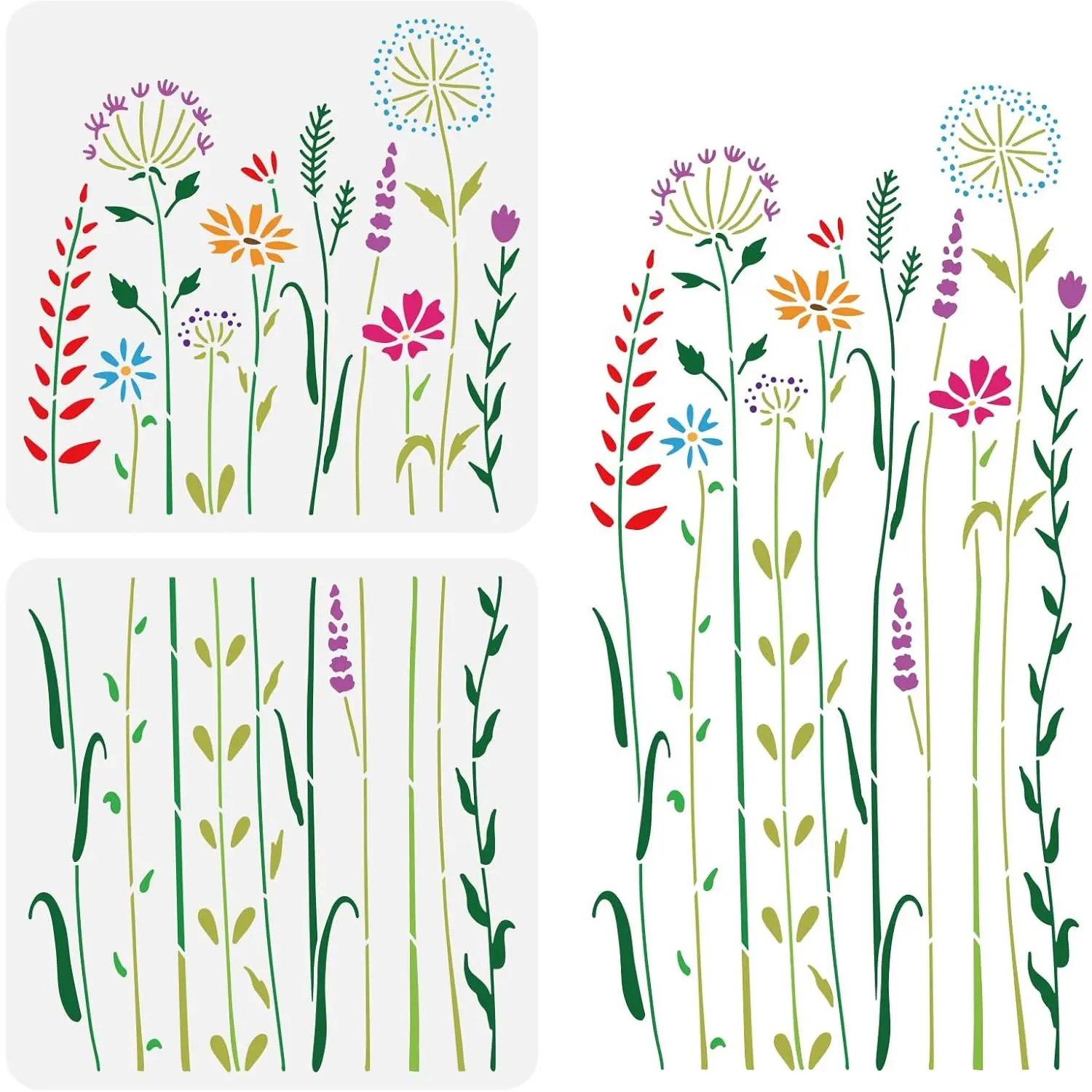 2-Count Wildflower Stencils - 12x12in PET Templates with Tall Flowers, Weeds, Trees - Universal DIY Scrapbooking Supplies for Wall Decor, Diy Photo Album, Calendars