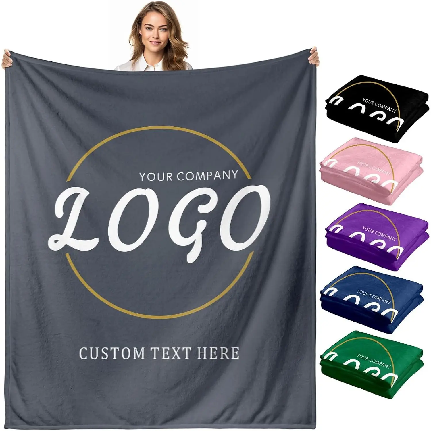 Customized Bulk Blanket with Logo, Photo & Personalized Text/Design - Multi-Color Bulk Gift Items for Business Corporate Branding, Logo Submission via Shop Chat
