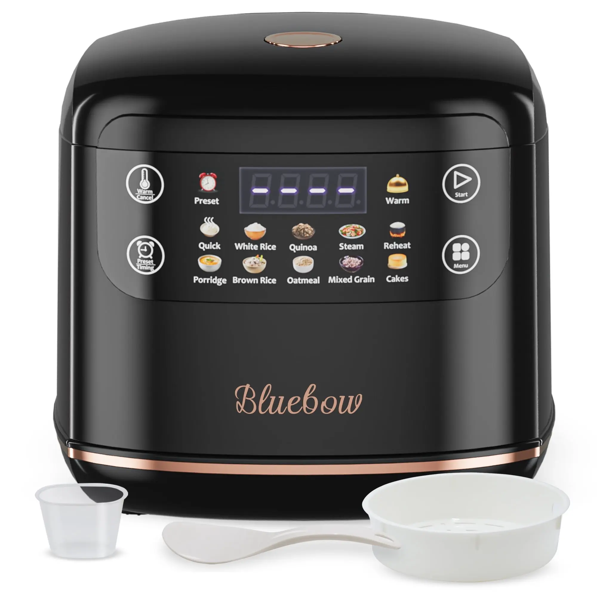 Bluebow Digital Rice Cooker, 6-Cup/2.1QT Small Rice Maker, 10 Presets, 24-Hour Delay Timer & Keep Warm, Non-Stick Inner Pot, Black