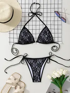 Women's Floral Lace Halter Bikini Set, Chic Tie Side Swim Top & Swim Bottom, Swimsuit for Women, Ladies Swimsuit for Beach Holiday Vacation, Bikinis Sets, Beach Bathing Suit, Floral Print Bikini
