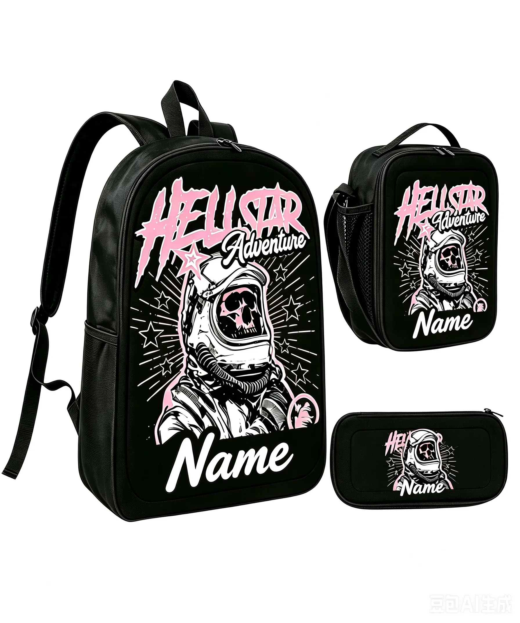 Hell Star Pink Skull Astronaut Custom Name Print 1/2/3pcs Set, Black Waterproof Backpack+Lunch Bag+Pencil Case, Streetwear School Kit for Teens, Unisex Customizable Campus Storage Combo ﻿