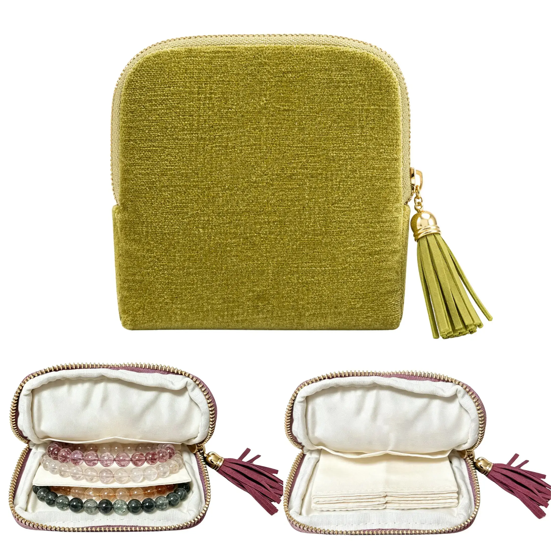 jewelry zippered pocket case Travel Jewelry Bag Portable Organizer with 6 Compartments Velvet Satin Lining Tassel Zipper for Rings Bracelets Necklaces Tassel Bag Boxes