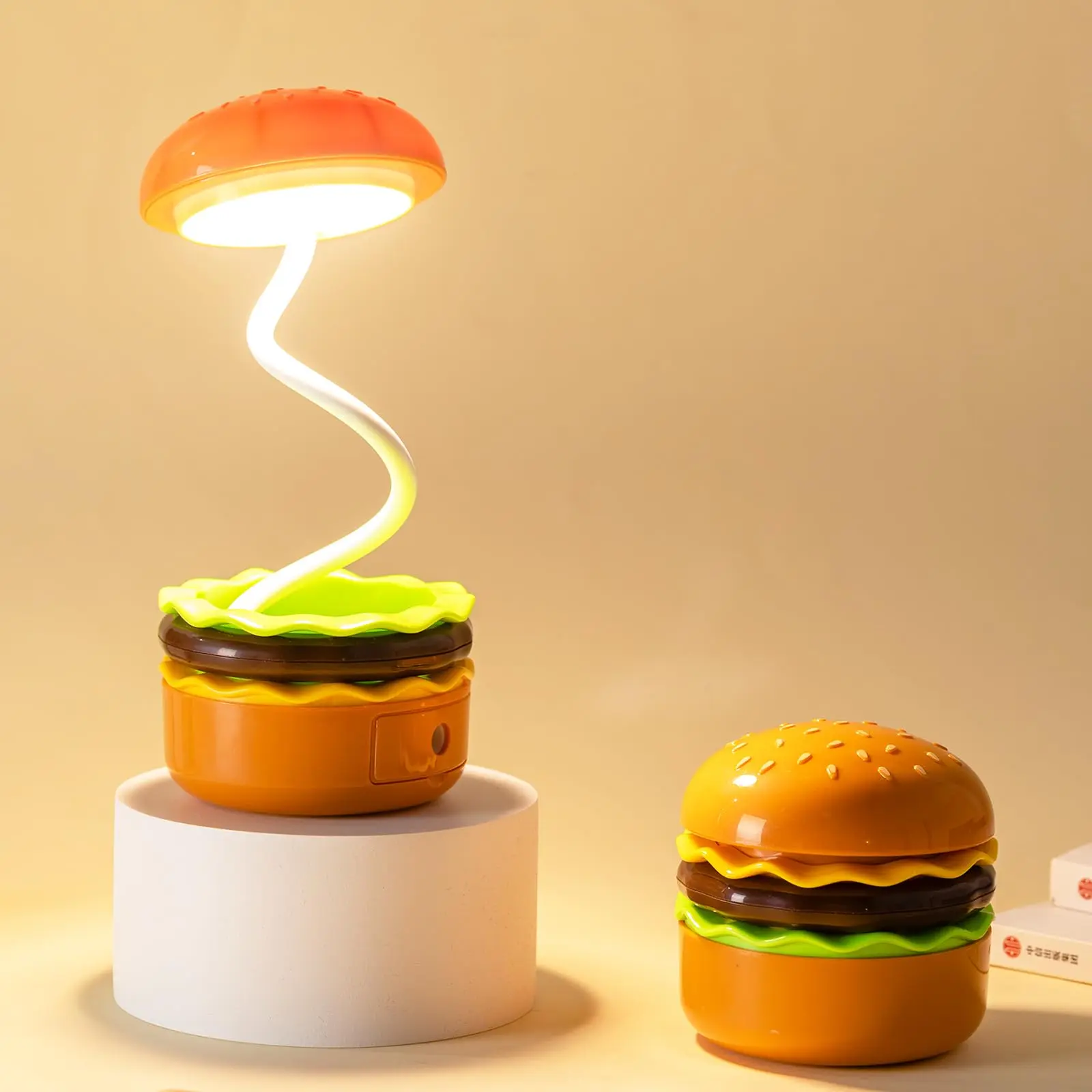 Hello Glow 2pc Compact Hamburger Shape Plastic Desk Lamp with Pencil Sharpener - Adjustable USB Night Light, 250mAh USB-Powered Lamp for Youth, Study Office Desk Gadgets, Indoor Home Improvement, Usb Power Lamp