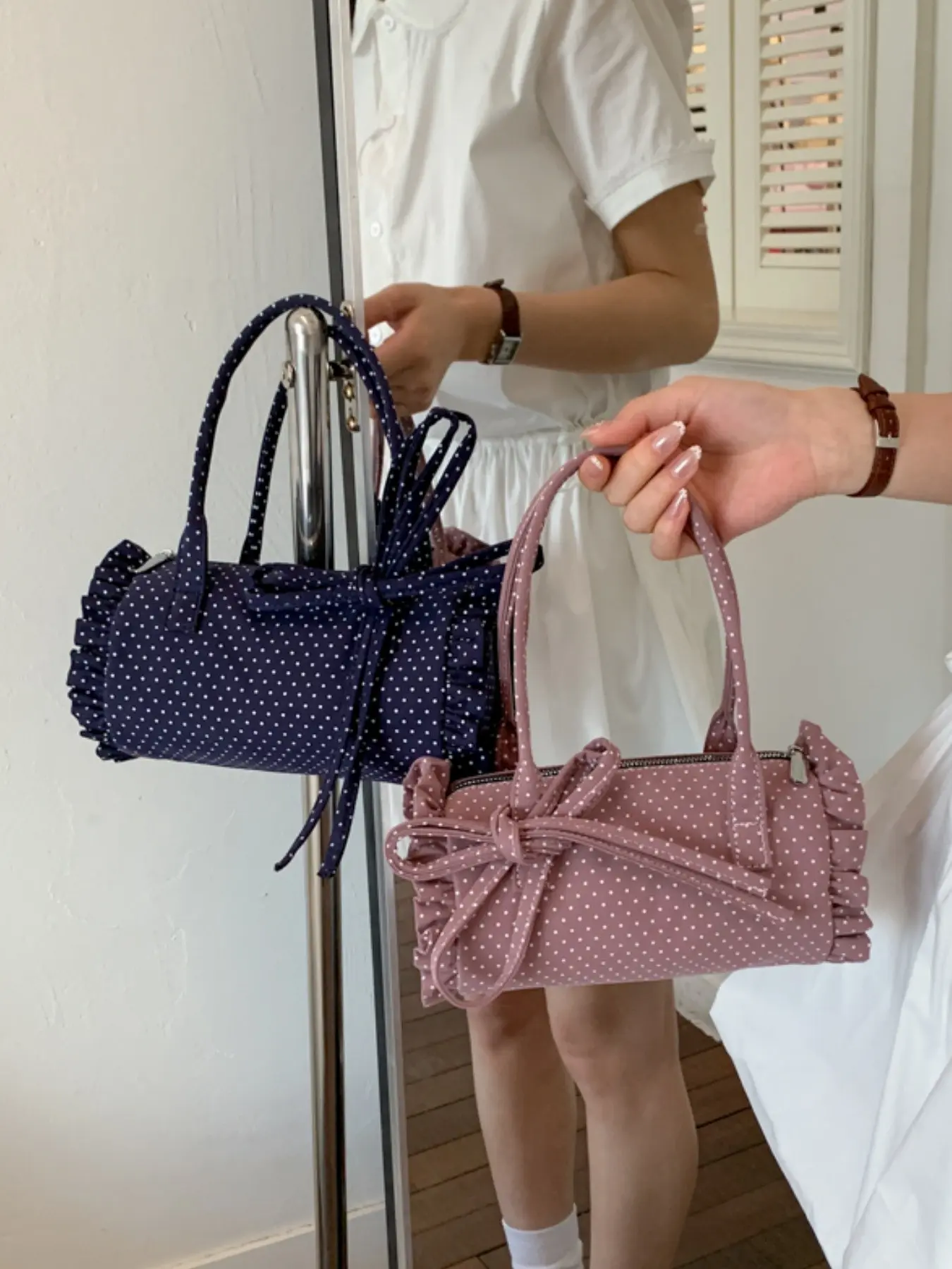 Fresh Polka Dot Ruffle Handbag, Butterfly Knot Strap Shoulder Bag, Summer Sweet Style Crossbody Bag, Versatile Fashion Accessory