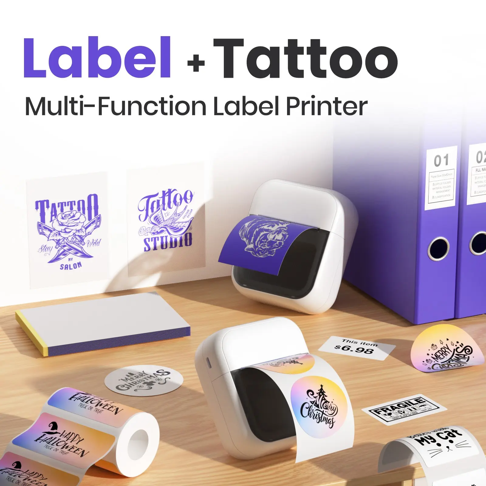 Portable Label Printer, Tattoo Printer, Multi-Functional Printer, Label Machine, Label Maker Machine, Wireless Bluetooth-compatible + USB Connection, for Color Stickers, Price Tags, Tattoo Studio, Label Printing