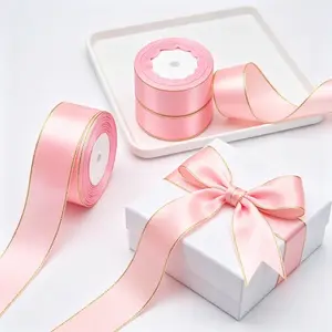 3 Rolls 4cm Gold Edge Ribbon, Total Length 75m, Polyester Fiber, Multiple Colors, Ideal for Gift Wrapping, DIY Crafts, Holiday Decorations