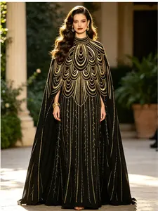 Luxurious Gold Sequin Embroidered Kaftan Dress, Long Sleeve, Elegant Muslim Robe, Perfect for Weddings, Eid, Formal Events