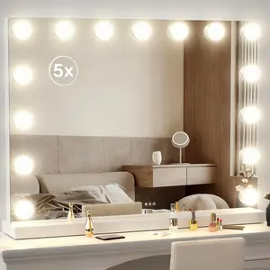 INMTFEI Hollywood Lighted Makeup Mirror 58x46cm with 15 LED Bulbs 5X Magnifier USB Charging 3 Light Modes Stainless Steel Vanity Mirror