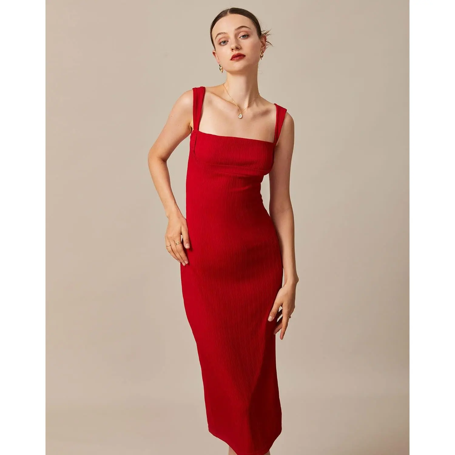 Rihoas Women's Elegant Red Square Neck Sleeveless Backless Slim Fit Bodycon Midi Dress Soft Ribbed Viscose Nylon Polyester Fabric, Breathable, Medium Stretch, Moisture Wicking, Holiday Women's Clothing Knitwear