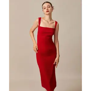 rihoas Women's Red Square Neck Ribbed Nylon-Polyester Fabric Slim Feminine Breathable Bodycon Casual Midi Dress