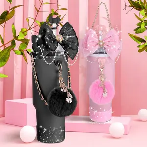 Bling Cup Accessories for Stanley Cup 30oz 40oz 20oz Tumbler with Handle, including Bow Straw Topper Cover, Straw Bow Decorate, Leather Water Bottle Handle Strap, Boot (Black)