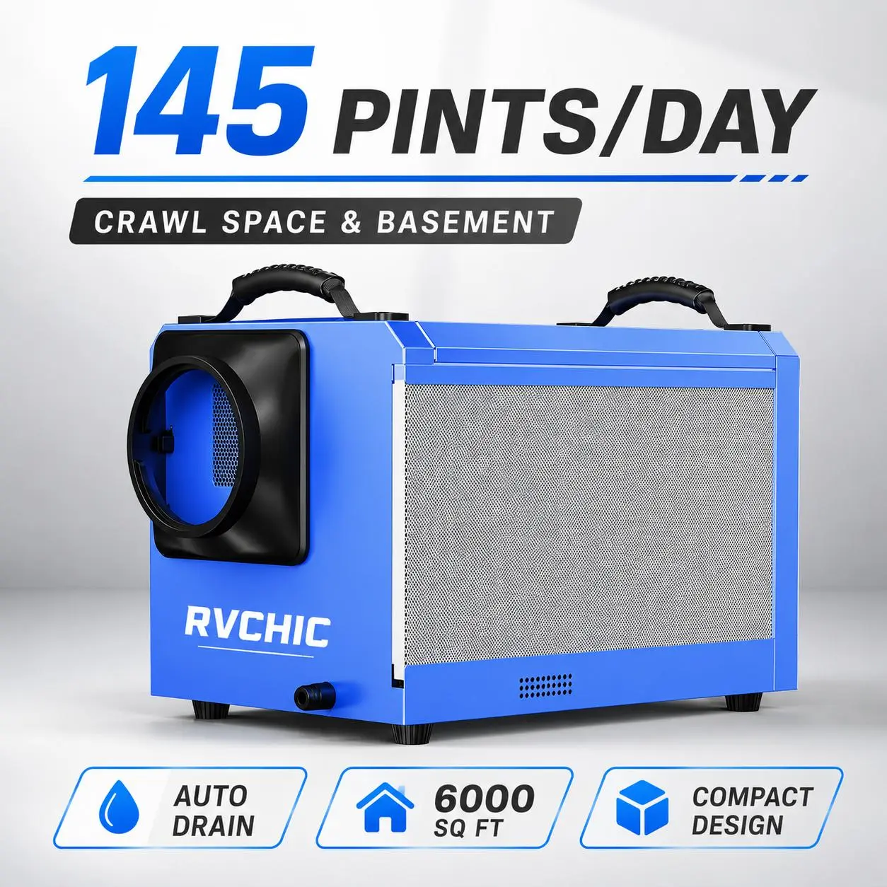 Commercial Ceiling-Mount Crawl Space Dehumidifier, 145 Pt/Day, 265 CFM Airflow, Auto Drain Hose, Digital Humidity Control, Washable MERV-1 Filter, Handles for Basement, Jobsite, Restoration