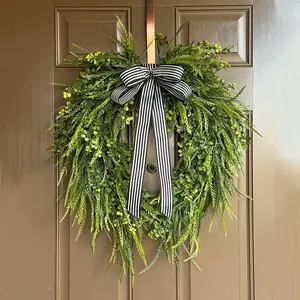 Summer Fern Water Grass Wreath, All-Season Decor, Plastic Decor, Entryway Decor, Featuring Water Grass, Cypress Leaves, Bow, Wall Decoration, Front Door Wreath