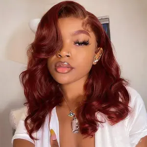 Pre-Styled Body Wave Glueless Layer Wavy Bob Wig Reddish Brown / Chocolate Brown / Blonde Highlight / Brown Highlight Transparent Lace Ready To Go Wigs